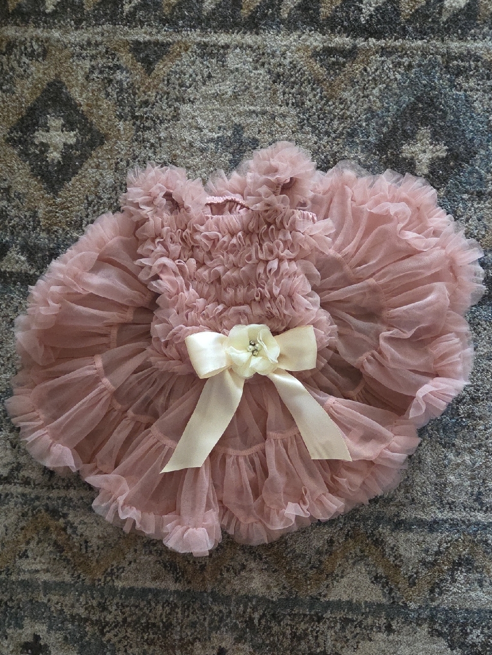 Baby Girls Pink Tulle Ruffle Dress with Cream Bow